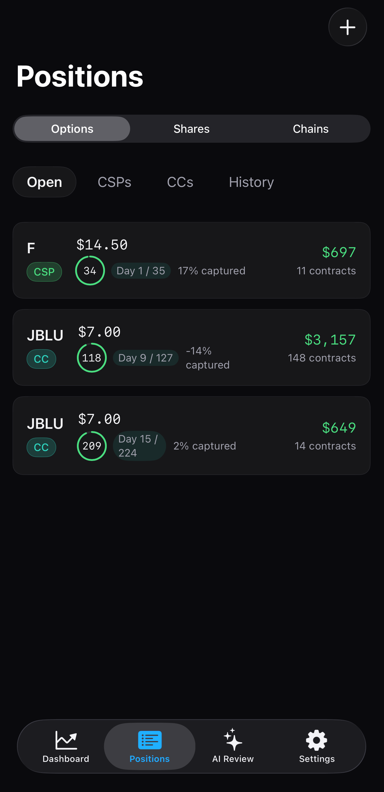 Spoke positions view listing open wheel trades