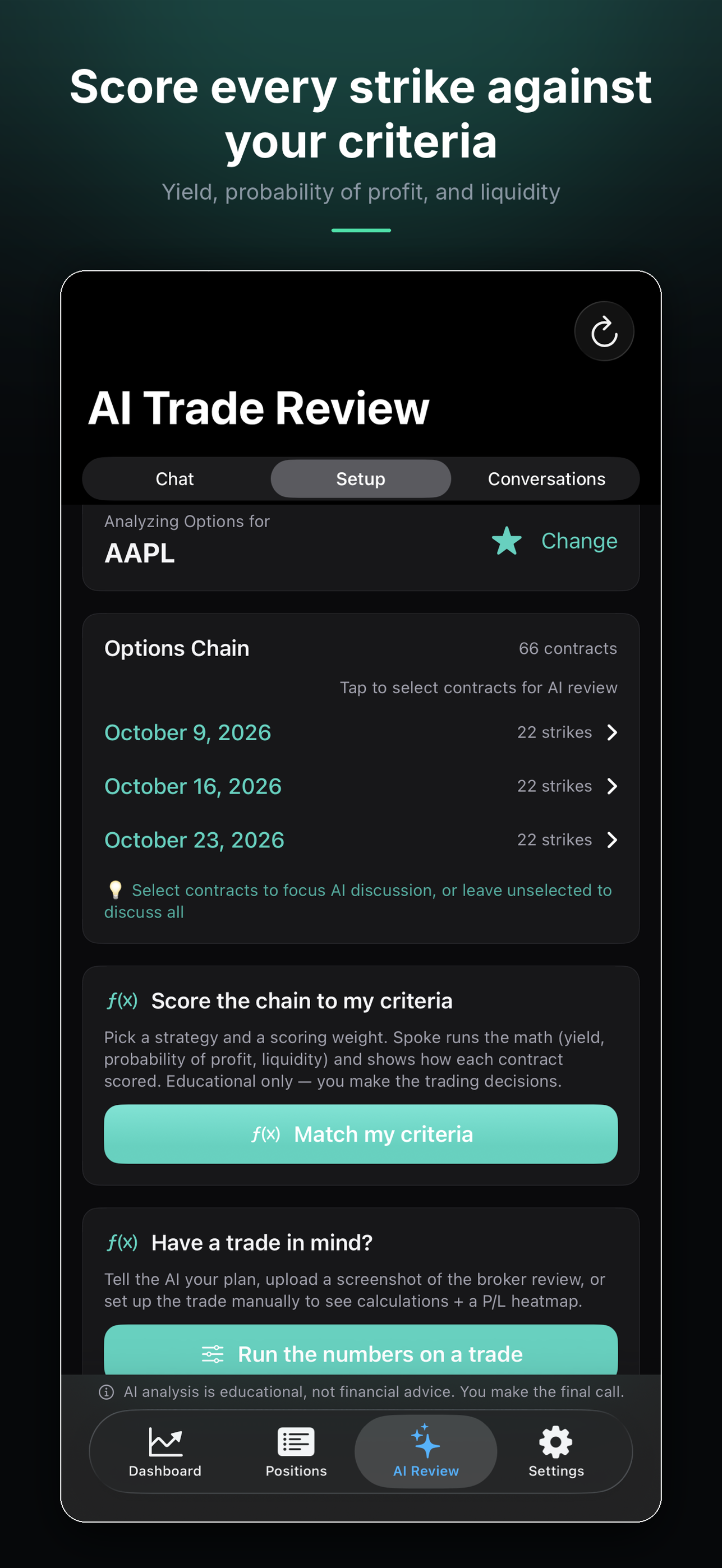 Spoke AI Trade Review setup screen with options chain analysis and Match My Criteria scoring